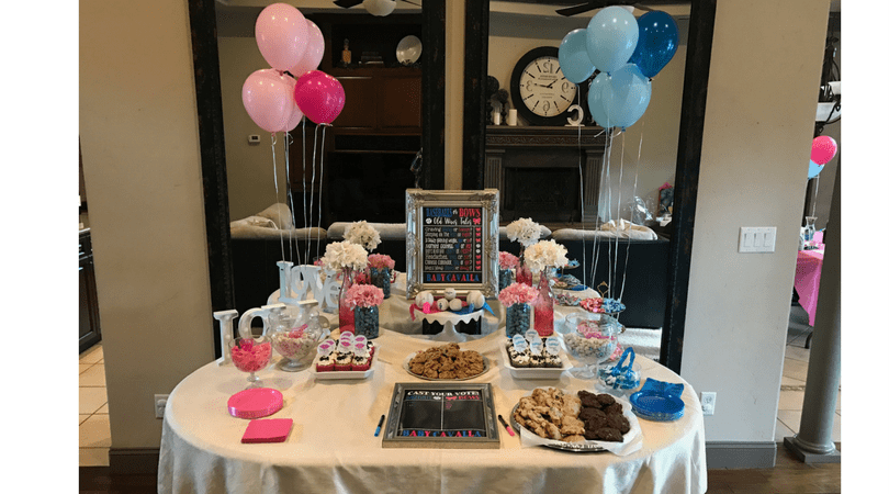 Gender reveal dessert table baseball or bows