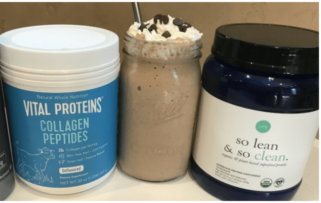 a container of collagen protein powder, a chocolate peanut butter protein shake with whip cream and chocolate chips and ora organic protein powder that is safe during pregnancy