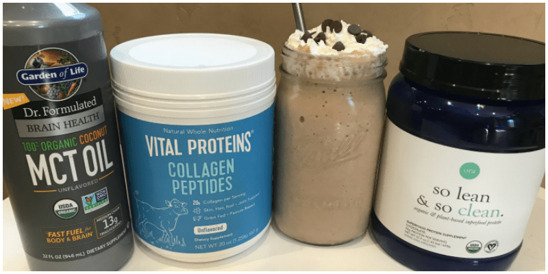 a picture of collagen protein, protein powder and a protein shake. the ingredients to make a healthy protein shake during pregnancy