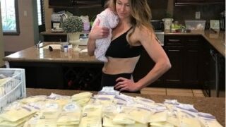 fit mom standing in front of her breastmilk to show weight loss while breastfeeding