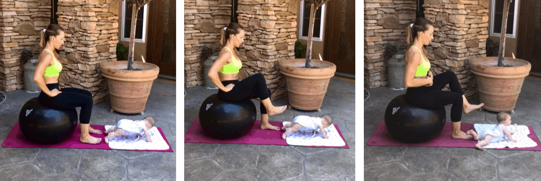 mom on exercise ball wearing a green sports bra doing seated marches to strengthen her core after pregnancy 