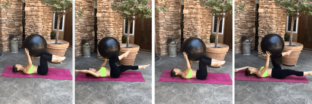 Postpartum mom lying on a yoga mat. Dead bug exercise for