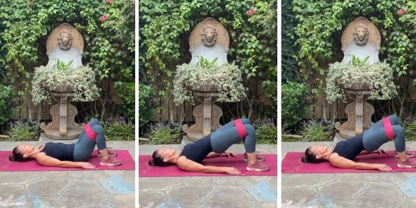 fit mom in great pants and back tank top. she is doing a glute bridge on pink yoga mat to help with back pain from breastfeeding