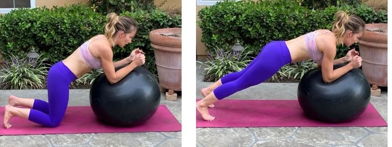 fit mom doing postpartum plank on stability ball 