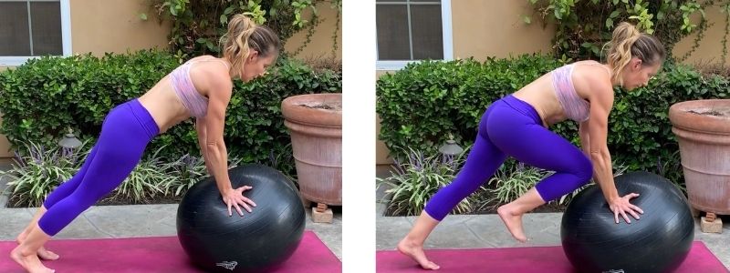 mom postpartum doing stability ball mountain climbers