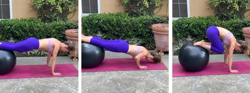 fit postpartum mom doing pushup on exercise ball 