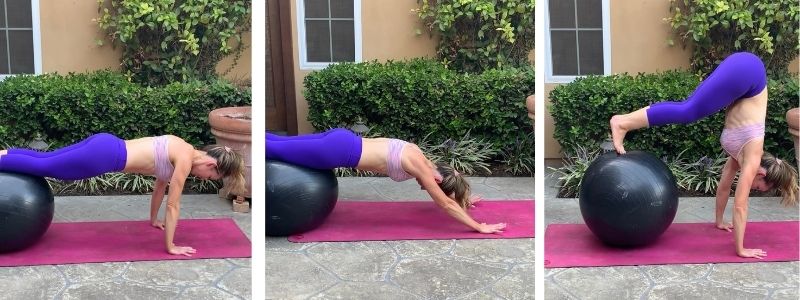 postpartum mom doing stability ball pike exercise for core