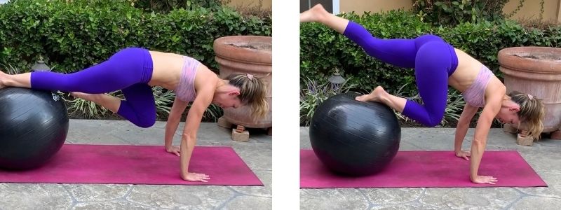 Fit mom doing stability ball knee tuck exercise 