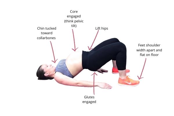 pregnant mom wearing a striped sports bra and black pants doing a bridge exercise during pregnancy to strengthen her glutes