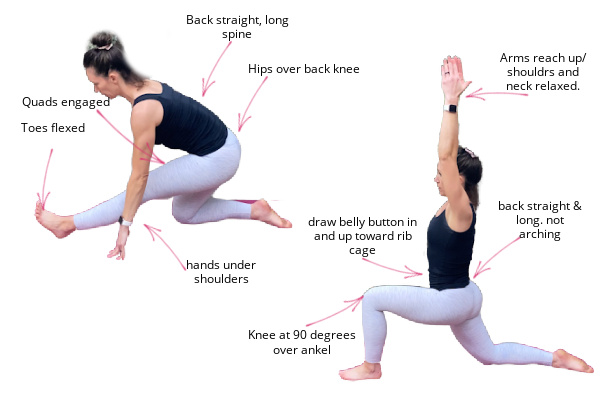 young women in white pants and a black tank top doing a hamstring stretch and hip flexor stretch 