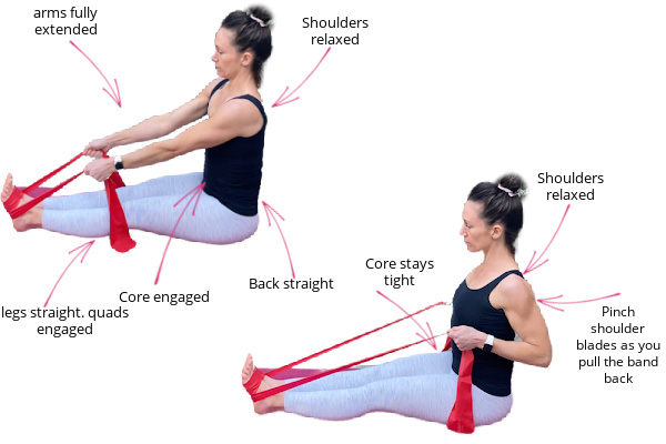 fit mom sitting on the floor in great pants and black top with a resistance band around her feet and pulling it to do a row exercise to help with back pain during pregnancy