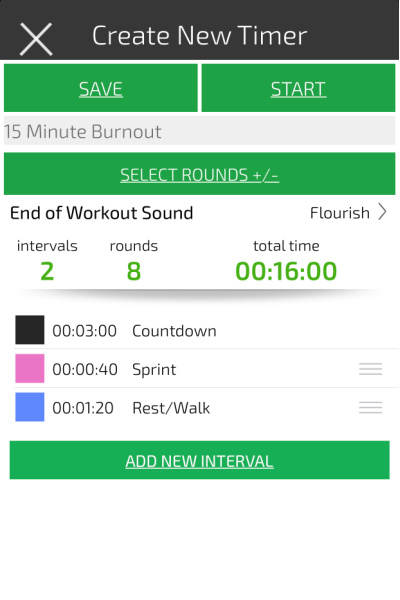 an image showing how to set an interval time to do a 16 minute treadmill hiit workout for fat loss