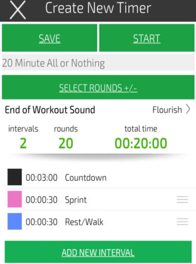 an image showing how to set an interval time to do a 20 minute treadmill hiit workout for fat loss