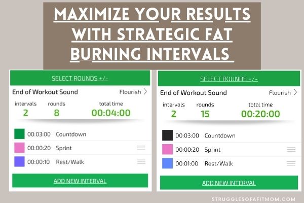 two images of how to set an interval timer to perform HIIT treadmill workouts for fat loss