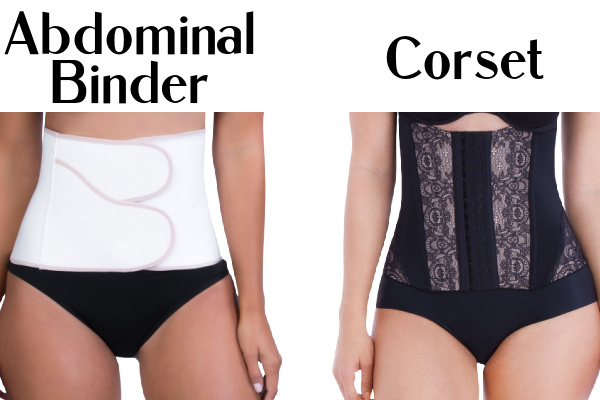 Two women wearing postpartum binders. One is a white abdominal binder and one is a black corset