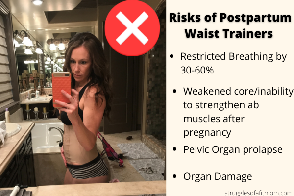 image of postpartum mom wearing a beige waist trainer in her bathroom after pregnancy.