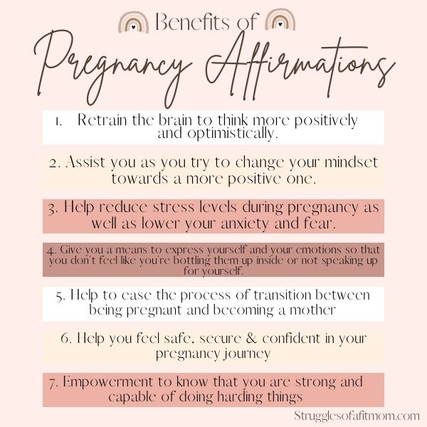 A infographic in neutral colors showing the benefits of using positive affirmations during pregnancy