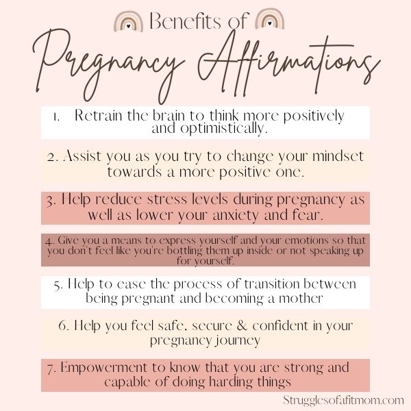 A infographic in neutral colors showing the benefits of using positive affirmations during pregnancy 