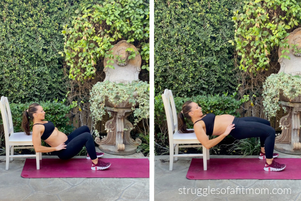 Fit pregnant mom in her third trimester doing hip thrusts. she has her upper back pressed against a white chairl. she is wearing black pants and a black sports bra. She is on a pink yoga mat outside.  