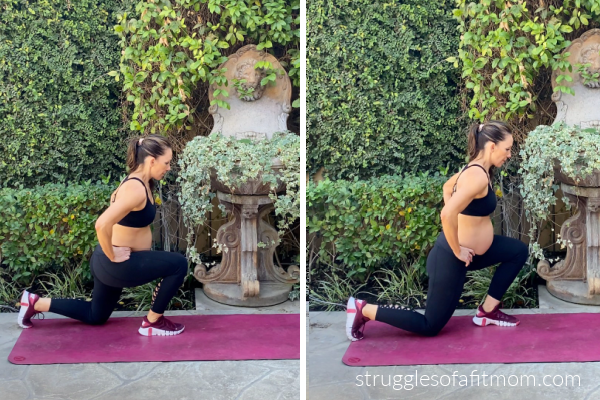 Fit pregnant mom in her third trimester doing a reverse lunge exercise. She is wearing a black pants and a black sports bra. She is on a pink yoga mat outside.