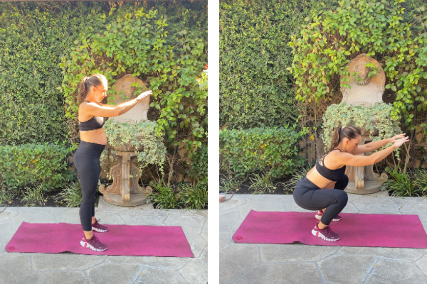 Fit pregnant mom in her third trimester doing squats in black pants and a black sports bra. She is on a pink yoga mat outside.  