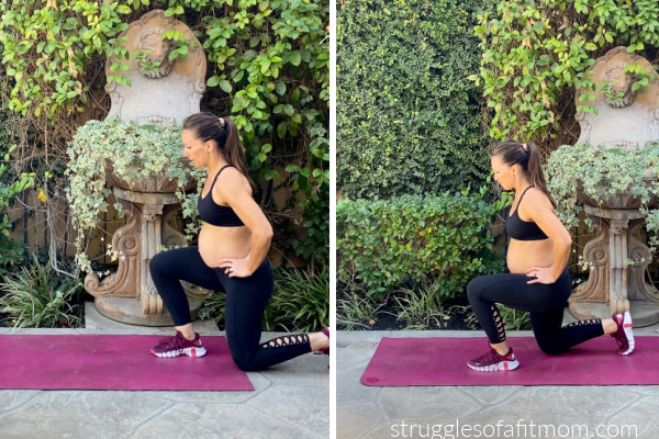 Fit pregnant mom in her third trimester doing squats in black pants and a black sports bra. She is on a pink yoga mat outside.  