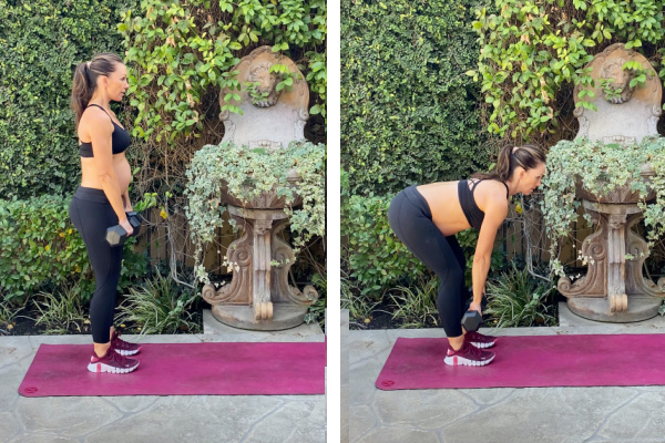 Fit pregnant mom in her third trimester doing deadlift. She is holding two dumbbells and is in black pants and a black sports bra. She is on a pink yoga mat outside.