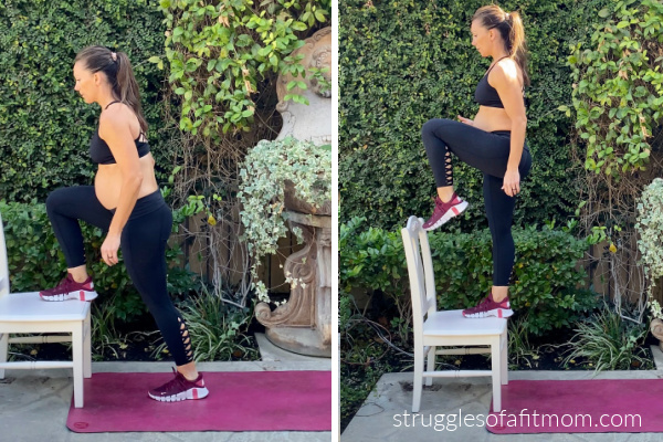 Fit pregnant mom in her third trimester doing a step up exercise. she is stepping up onto a white chair. she is in black pants and a black sports bra on a pink yoga mat outside.