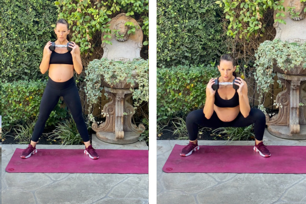 Fit pregnant mom in her third trimester doing walking lunges. She has her hands on her hips and is wearing black pants and a black sports bra. She is on a pink yoga mat outside.  