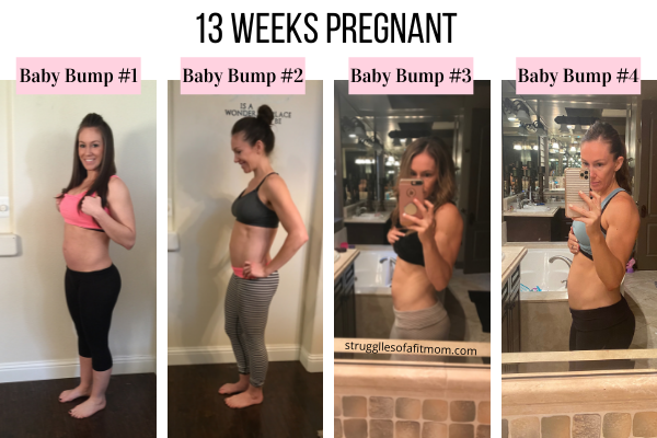 mom showing her pregnant 13 week baby bump 
through four pregnancies