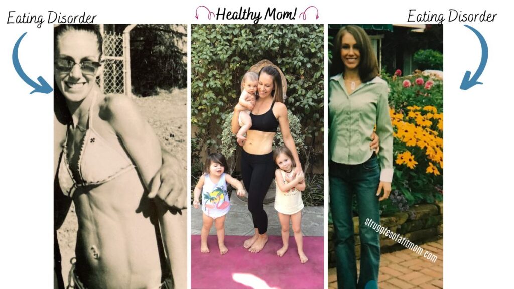 three images of a women showing her recovery from an eating disorder. two pictures are of her with an eating disorder and one is her with her three babies.