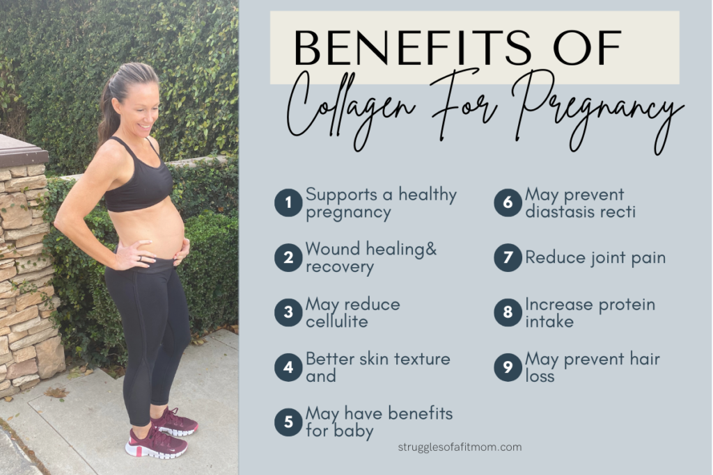 A picture of a pregnant mom in a black sports bra, black exercise pants and maroon shoes. the image on the left is the benefits of collagen for pregnancy