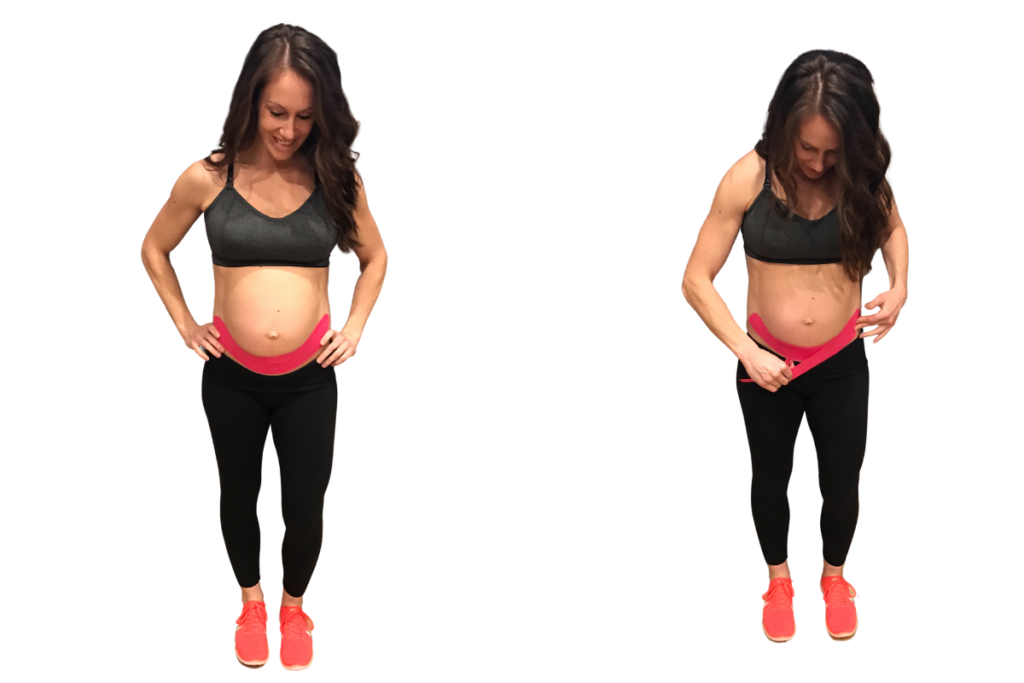 pregnant mom showing how to use kinesiology tape to support her belly during pregnancy