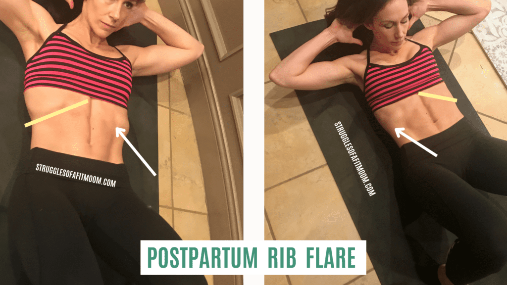 lying on back with knees bent doing a crunch to show rib flare after pregnancy