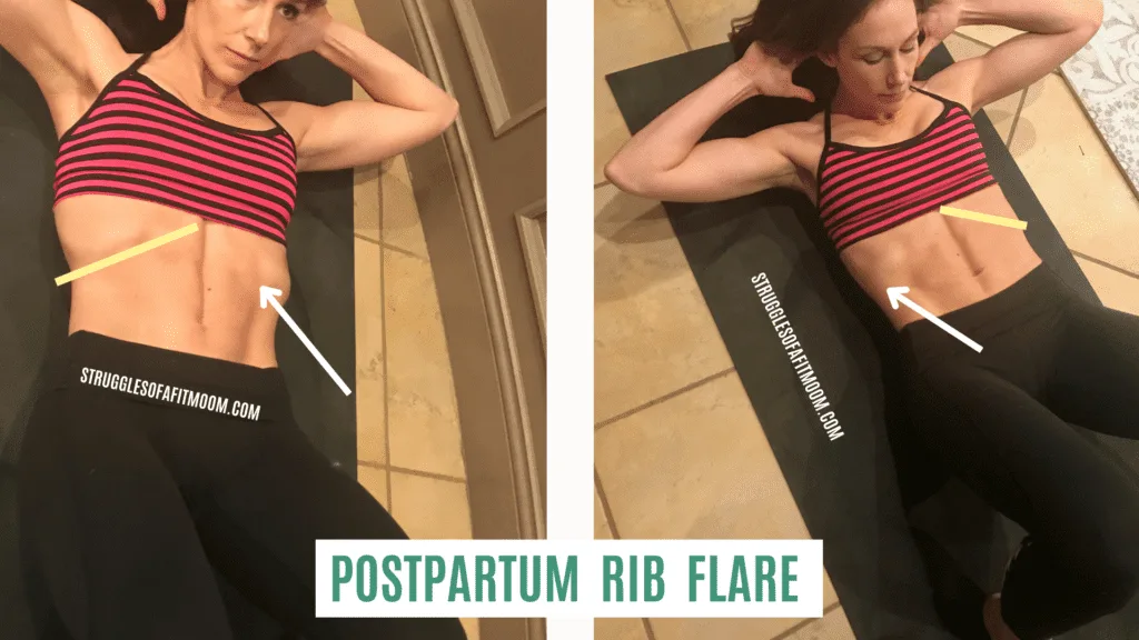 lying on back with knees bent doing a crunch to show rib flare after pregnancy
